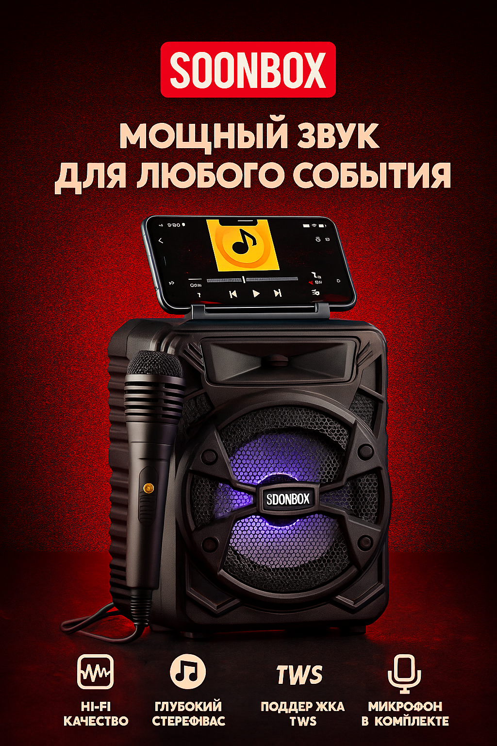 Портативная Bluetooth караоке-колонка SOONBOX S6 с микрофоном и мощным басом.