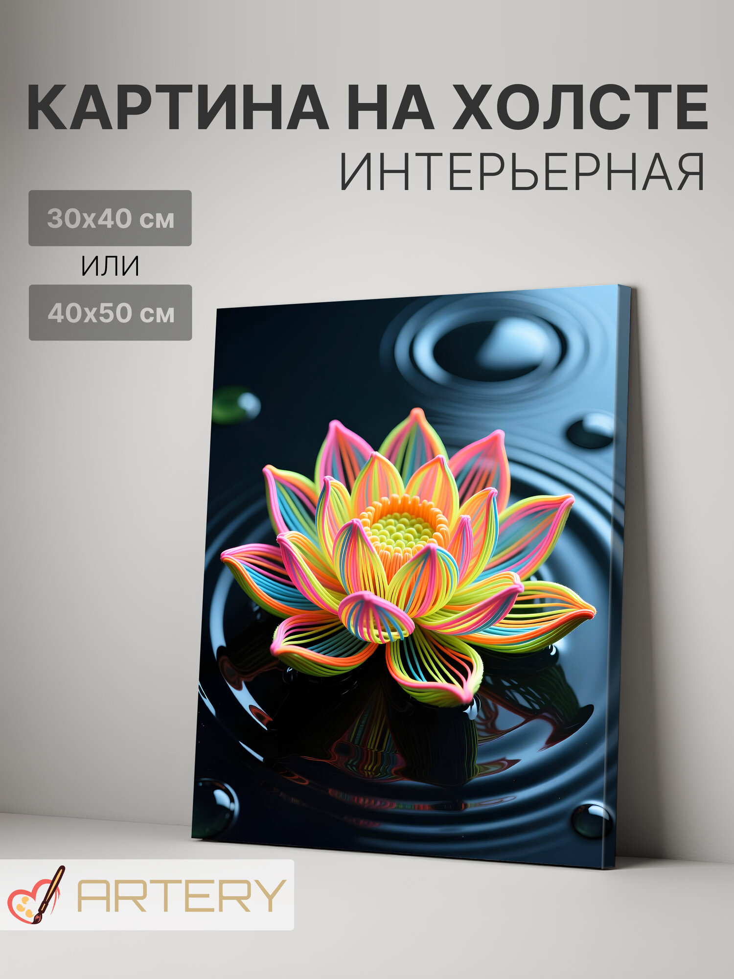 Картина интерьерная на стену ARTERY "Яркий лотос на воде", печать на холсте, постер на подрамнике, 30х40 см