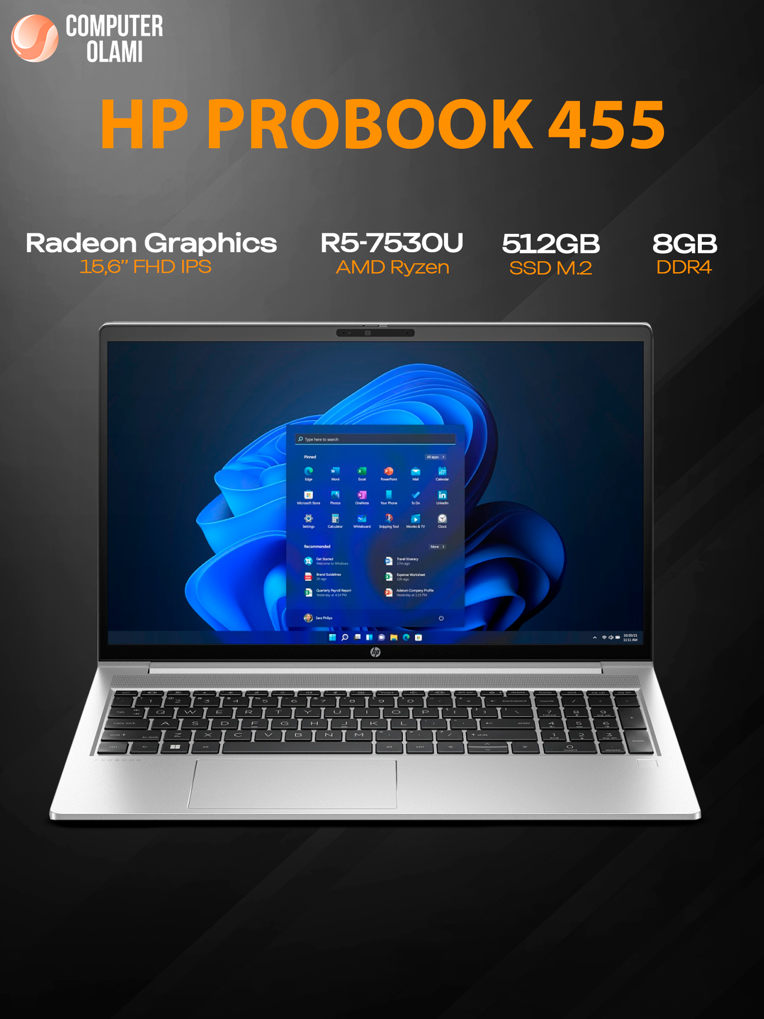HP ProBook 15 ноутбук — Ryzen 5‑7530U, 8GB RAM, 512GB SSD, 15.6″ FHD IPS Backlit, Windows 11