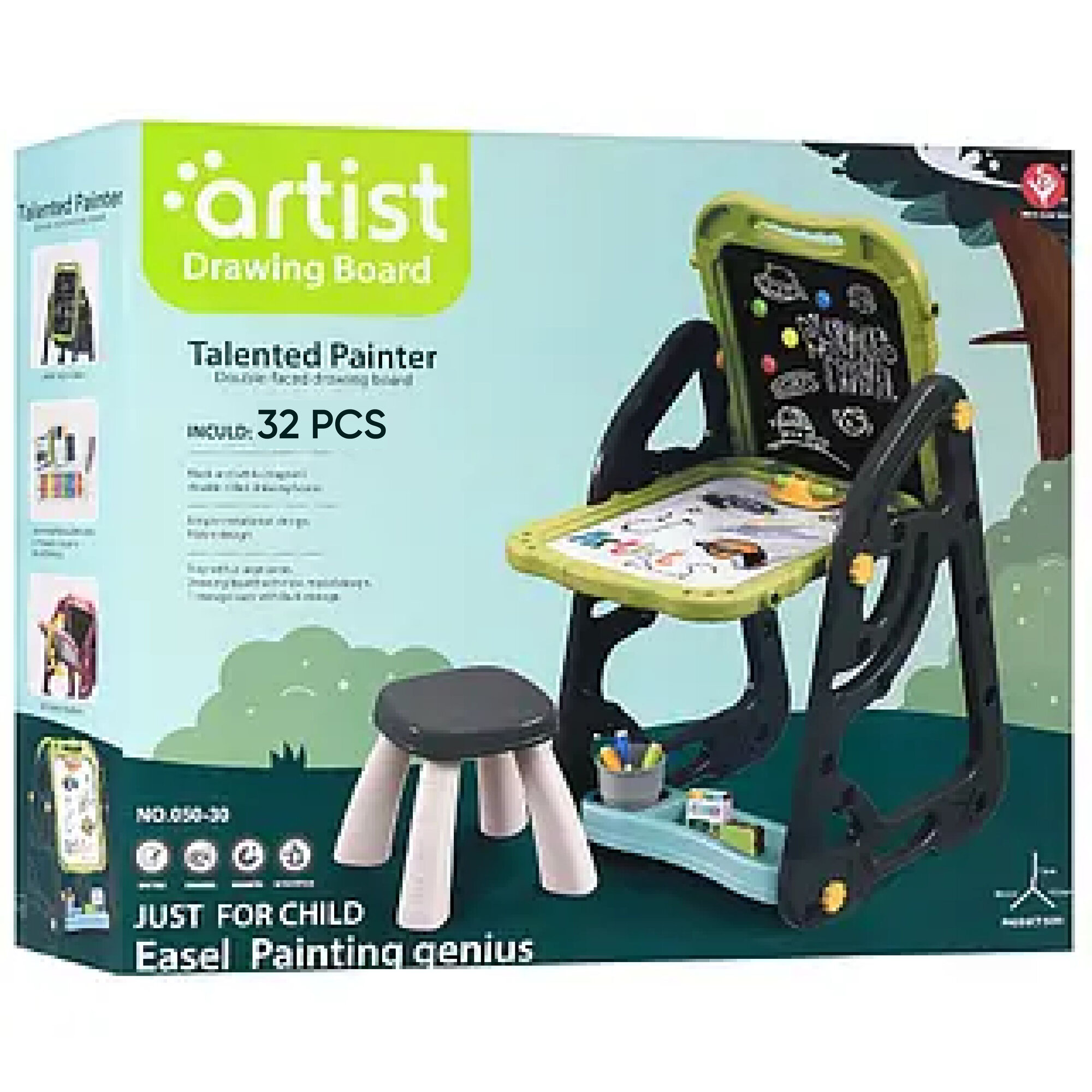 Детский мольберт, 2 доски, стульчик, принадлежности для рисования — фото 1
