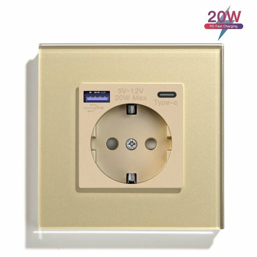 Розетка электрическая одинарная с USB и type-C входами, быстрая зарядка 20W, рамка закаленное стекло Золото