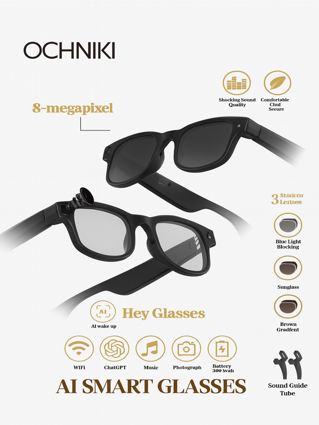 AI Smart Glasses 8MP – камера, ChatGPT, Wi-Fi, музыка, набор из 3 линз