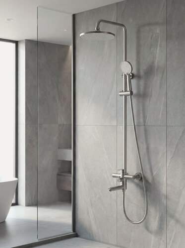 Изображение товара Душевая система со смесителем нержавеющая сталь, сатин. Тропический душ