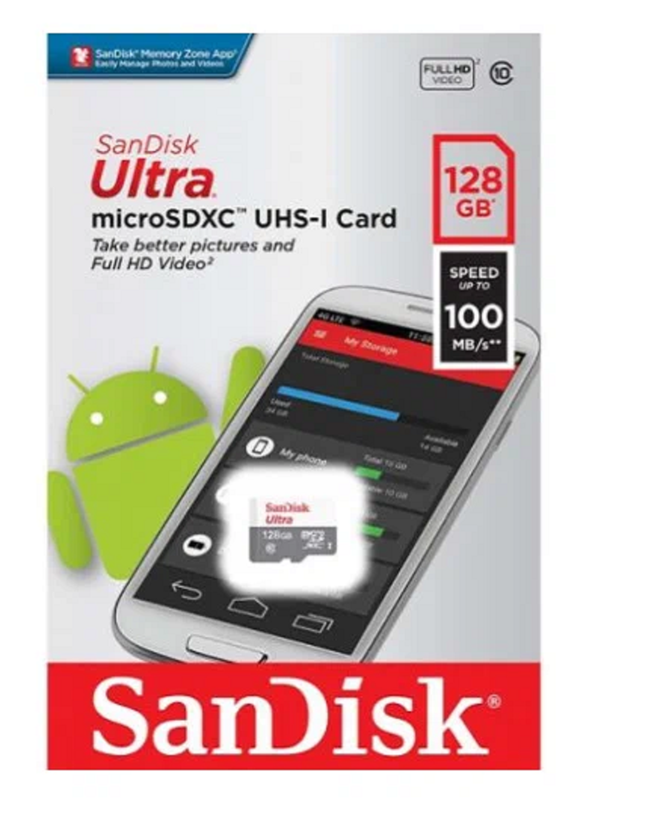 Карта памяти SanDisk 128ГБ SDSQUNR-128G-GN6MN Class 10 V10 A1 UHS-I R100MB/s, серый