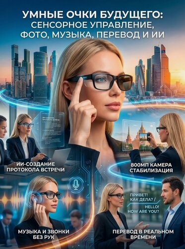 Изображение товара Интеллектуальные очки с ИИ, 800W для съемки, 1080P, перевод, HD-фотография и видео, распознавание объектов, телефонные звонки, прослушивание музыки.