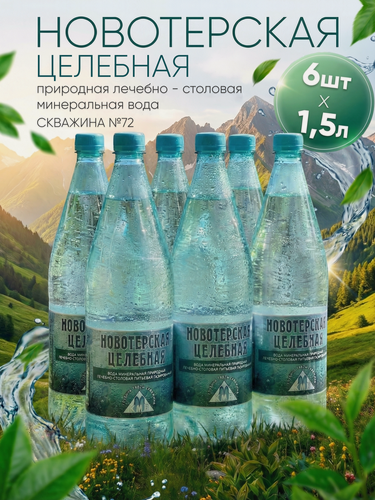 Изображение товара Минеральная вода газированная Новотерская Целебная 1,5 л x 6 шт, лечебно-столовая