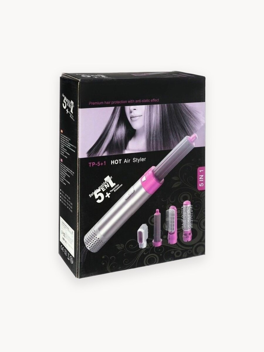 Фен 5 в 1, стайлер горячего воздуха с пятью насадками / HOT Air Styler 5 in 1 / розового цвета