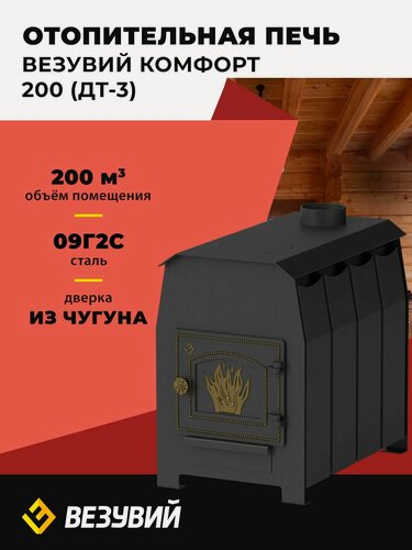 Изображение товара Отопительная дровяная печь Везувий "Комфорт 200" (ДТ-3) с дверкой из чугуна и варочной поверхностью