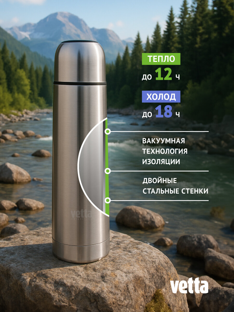 Термос для чая и кофе 1 л Vetta Буллет, термос для напитков, нержавеющая сталь, серебристый — фото 1