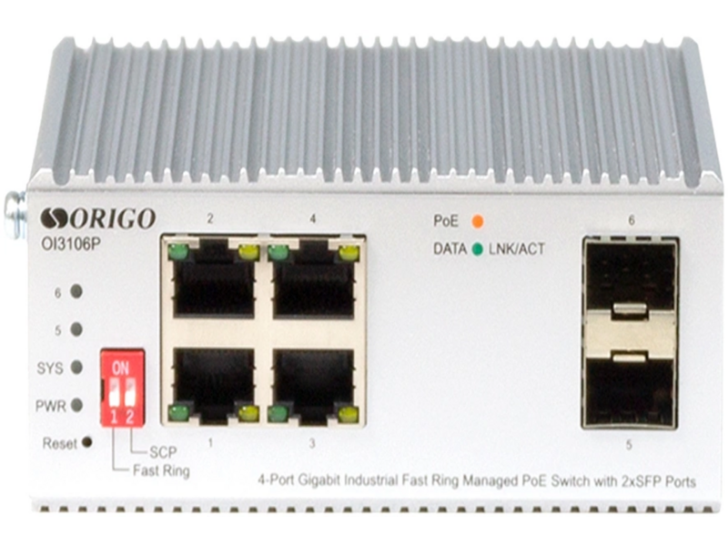 Коммутатор OI3106P/60W/A1A промышленный управляемый L2 PoE-коммутатор 4x1000Base-T PoE+, 2x1000Base-X SFP, PoE-бюджет 60 вт