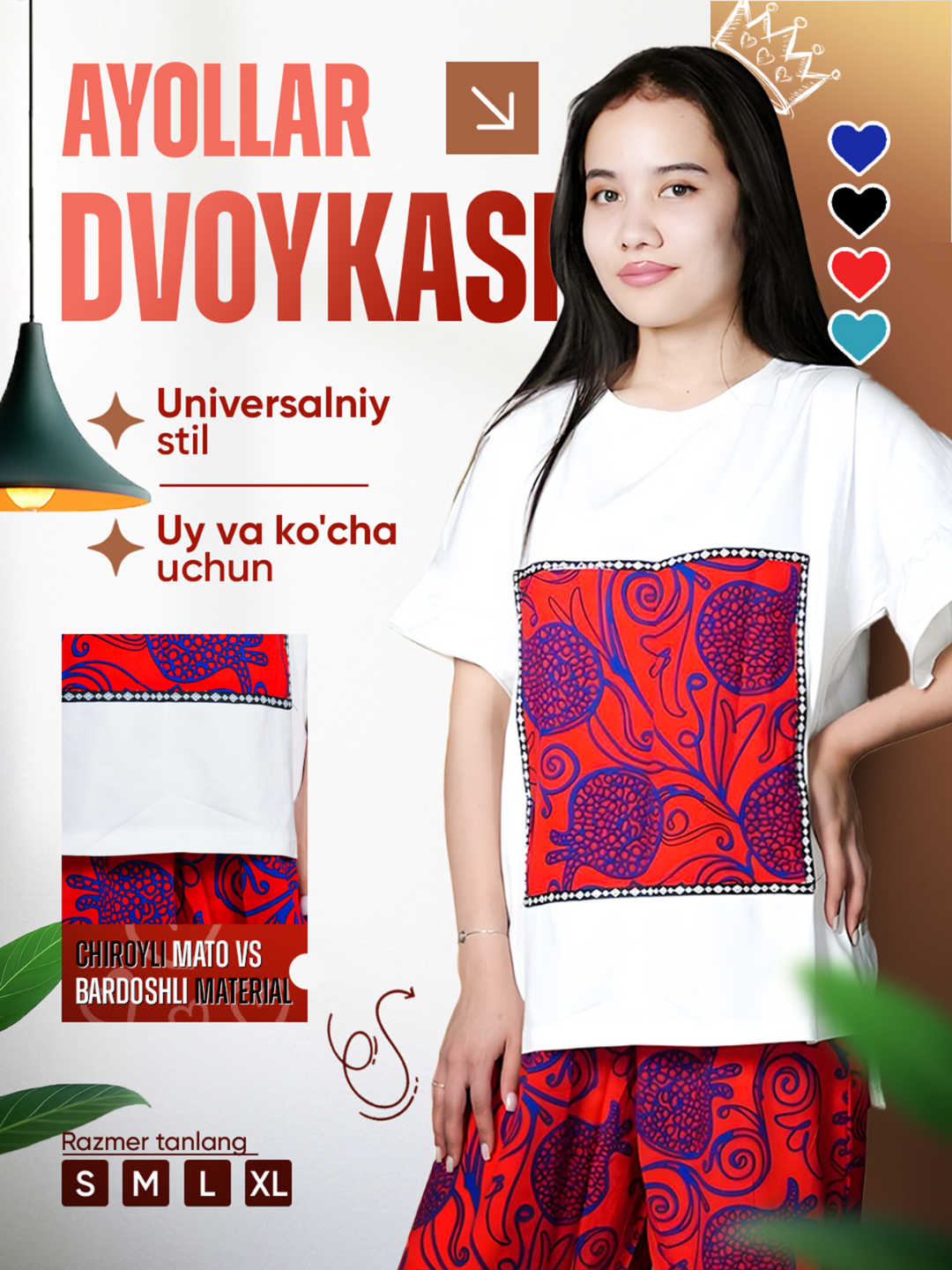Костюм спортивный  Dvoyka, milliy kiyim,ayollar uchun milliy ikki qismli kiyim to`plami, adras dvoyka, Ayollar kiyimi, zamonaviy milliy kostyum, etnik uslubdagi kiyim, O‘zbekcha dizaynli libos, anor naqshli kiyim, ayollar uchun yozgi kostyum, qora oq rangli kiyim, nafis milliy uslubdagi kiyim, Ruxsor brendi kiyimlari, ayollar uchun printli kostyum, размер 42, красный
