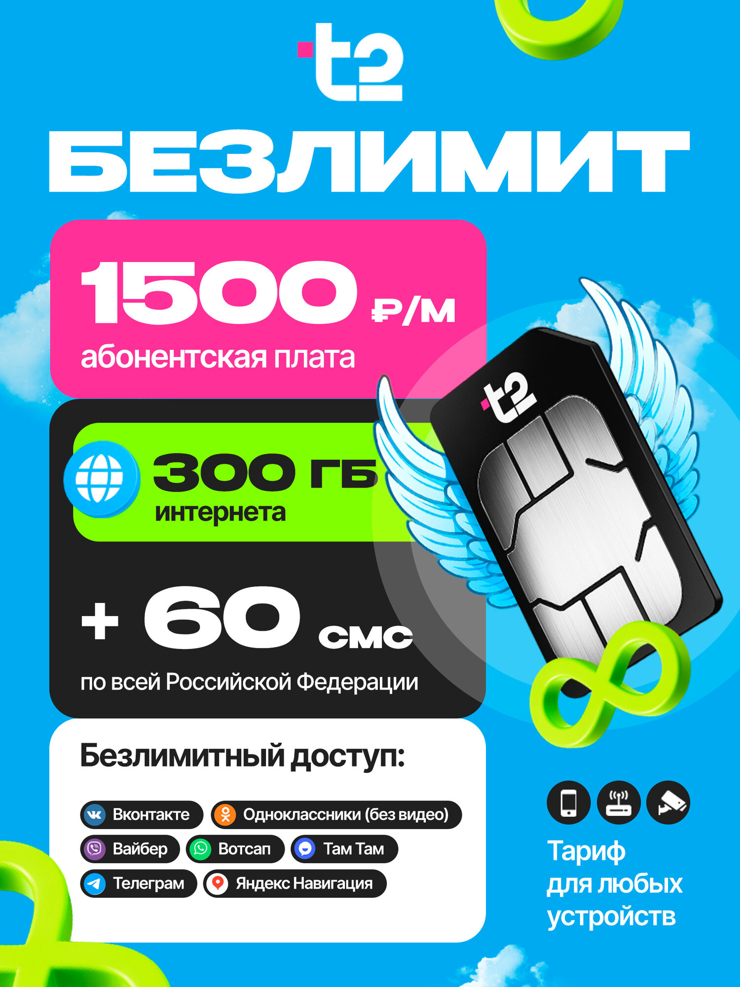 SIM-карта t2 с тарифом 300 ГБ в сетях 3G и 4G + 60 смс за 1500 руб/мес, раздача, безлимитные соц сети и мессенджеры