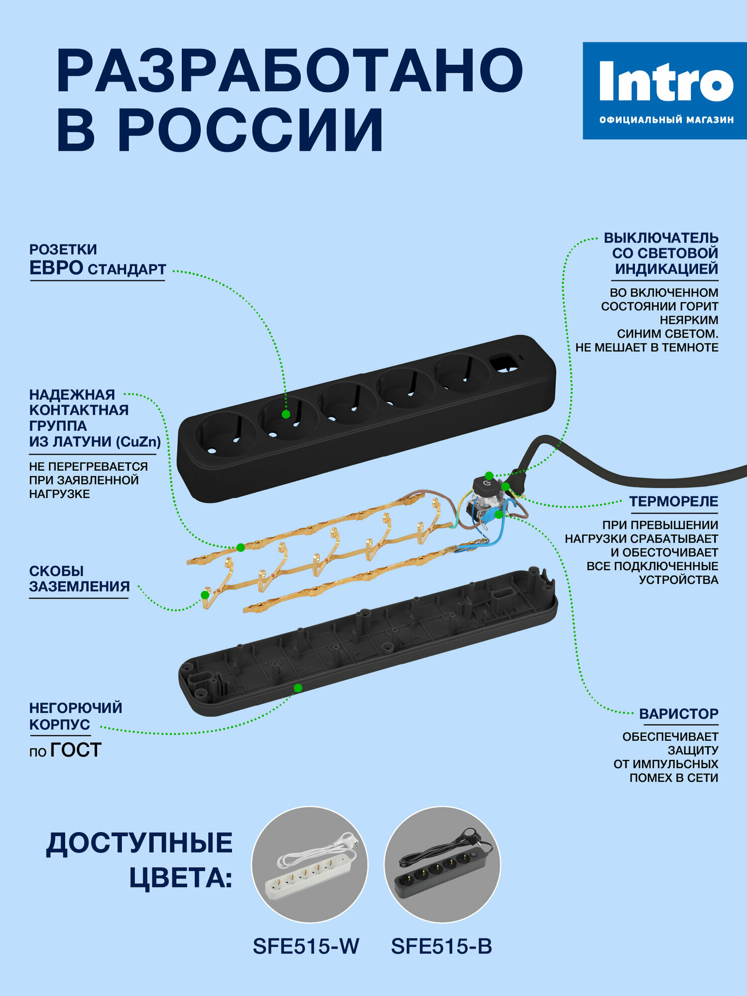 Сетевой фильтр Intro SFE515-B с базовой защитой с заземлением с выключателем 5 розеток 1,5м 10А черный — фото 1