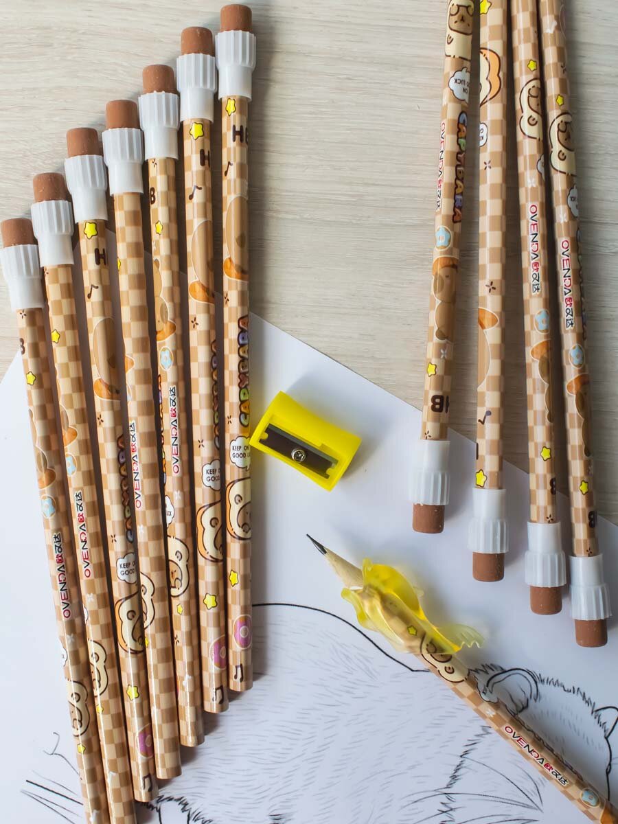 Карандаши простые чернографитные для школы ТМ/HB с ластиками и точилкой набор 12 штук незаточенные — фото 1