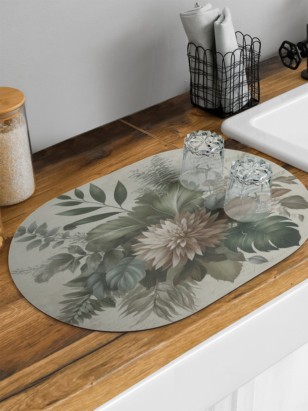 Коврик для сушки посуды впитывающий для кухни JoyArty "Винтажные цветы" овальный 58x38 см