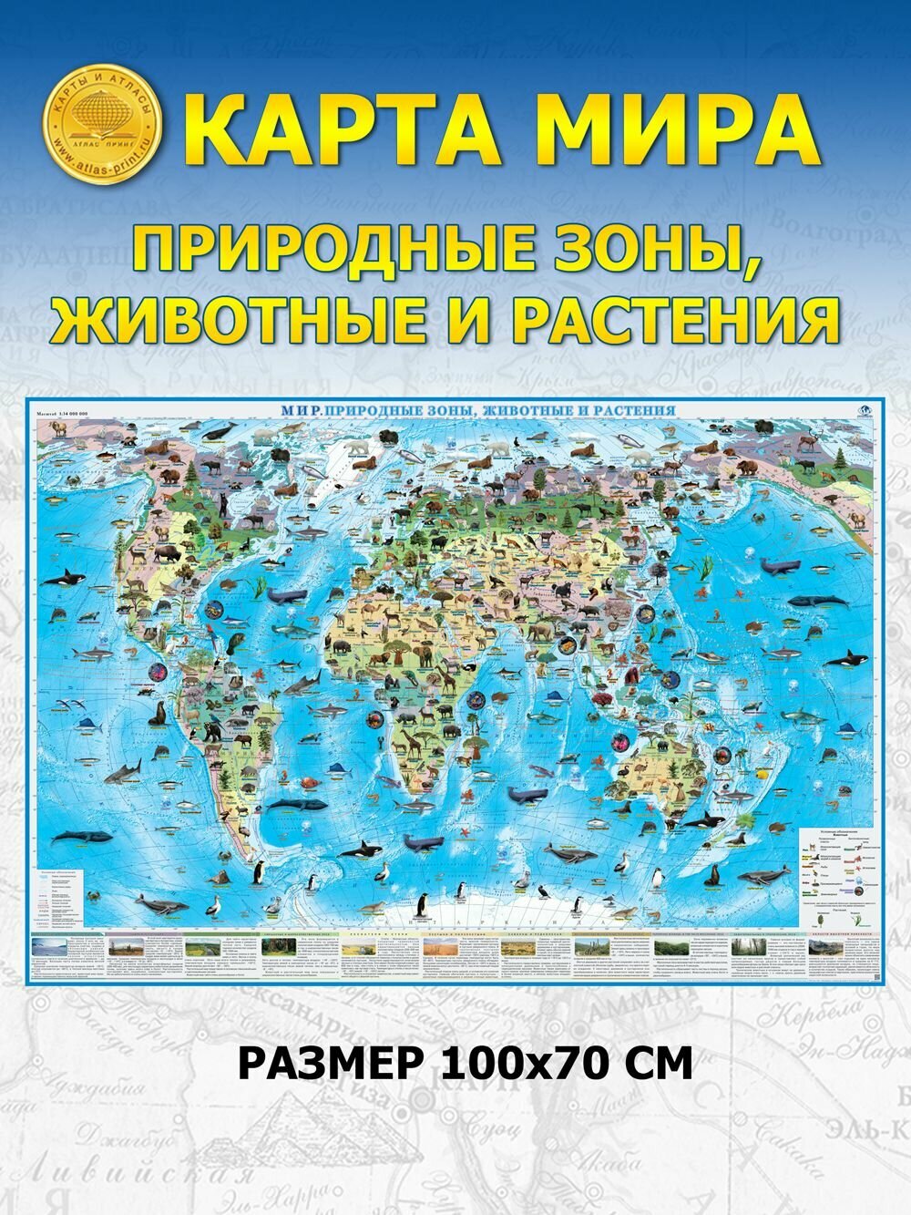Карта Мира. Природные зоны животные и растения 10х07 м