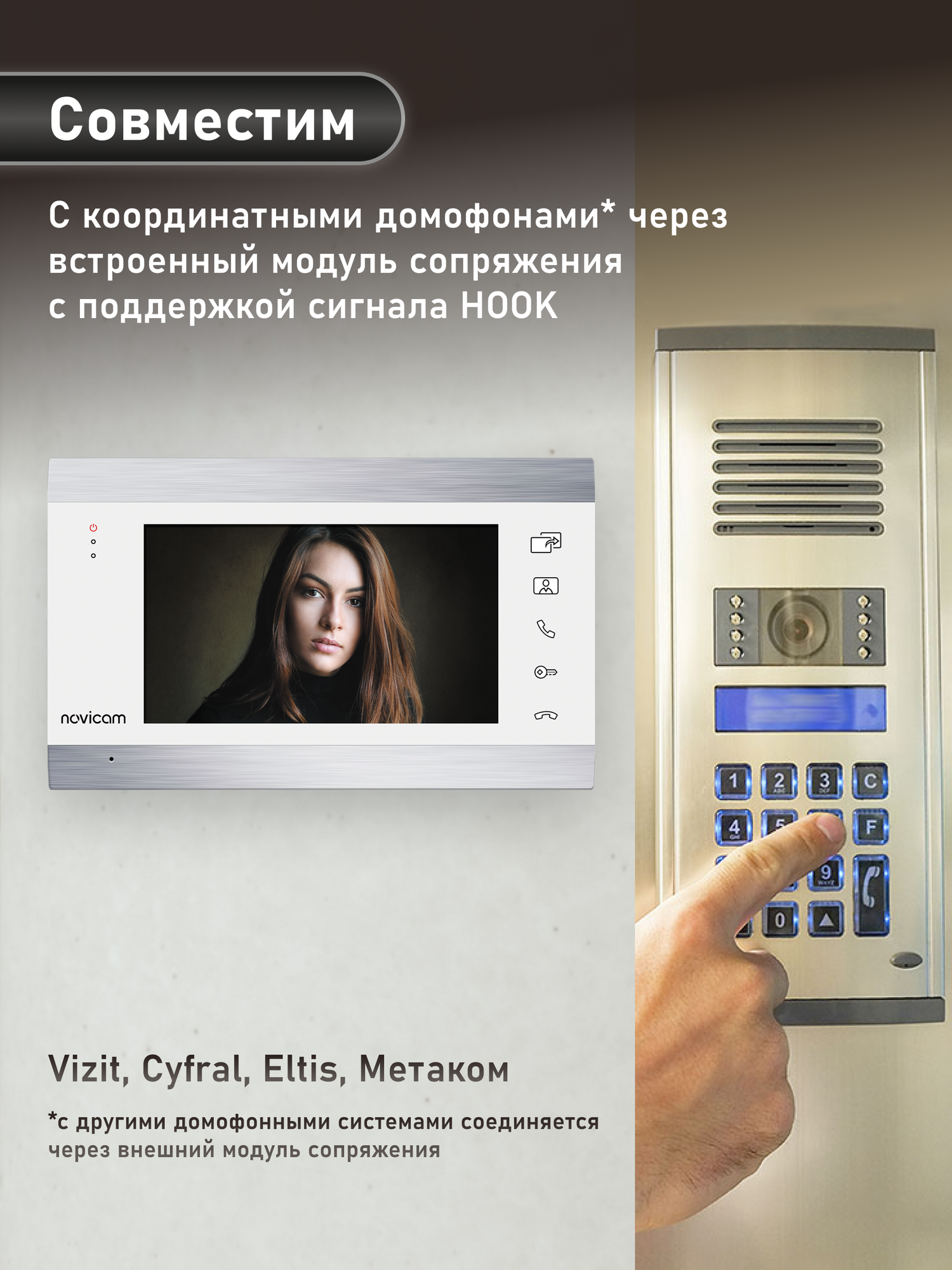 Комплект видеодомофона для квартиры Novicam WHITE MAGIC 7C KIT, встроенный модуль сопряжения, панель с кабелем 5 м — фото 1