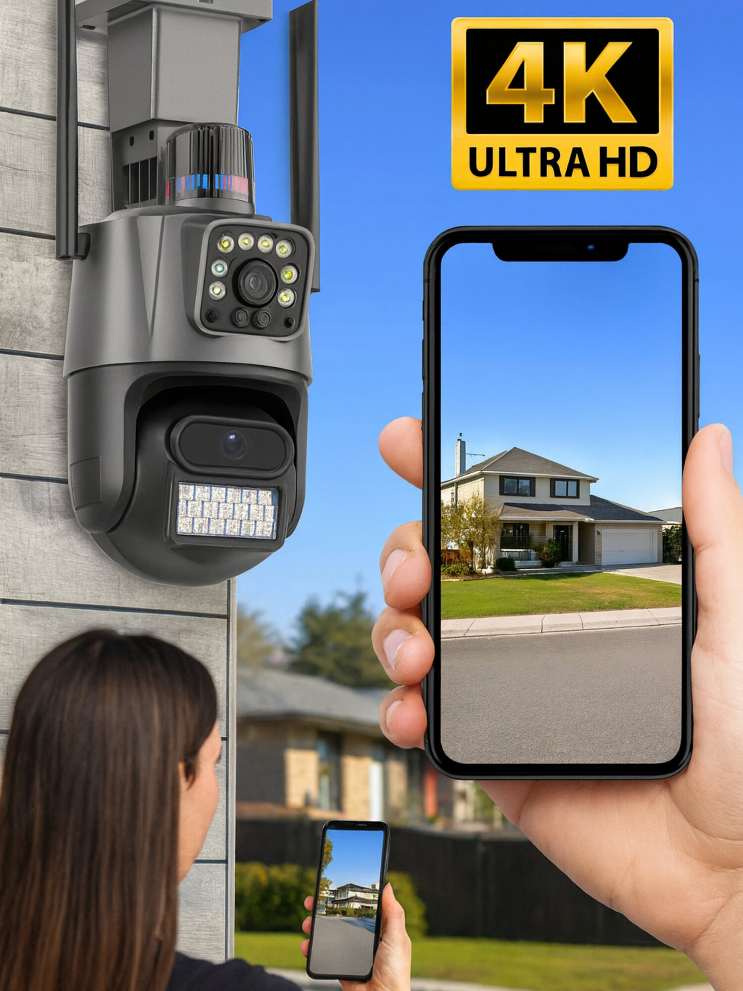 Уличная камера видеонаблюдения с двумя объективами 2 камеры с мигалкой и сиреной Wi-Fi PTZ 4K 8MP