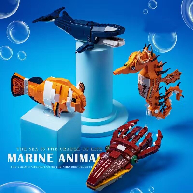 Совместимый с LEGO набор для строительства океанических морских животных - Комбо из 4 моделей (Кит, Клоун-рыба,