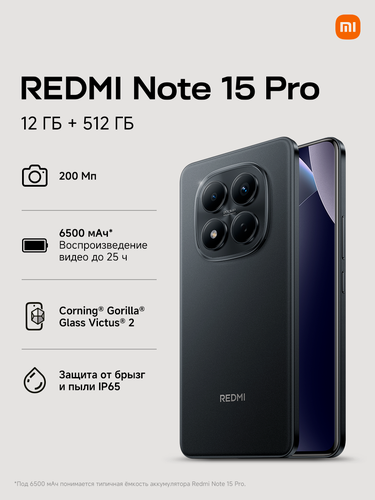 Изображение товара Смартфон Redmi Note 15 Pro RU 12+512 Black, Ростест, NFC, Android 15, черный