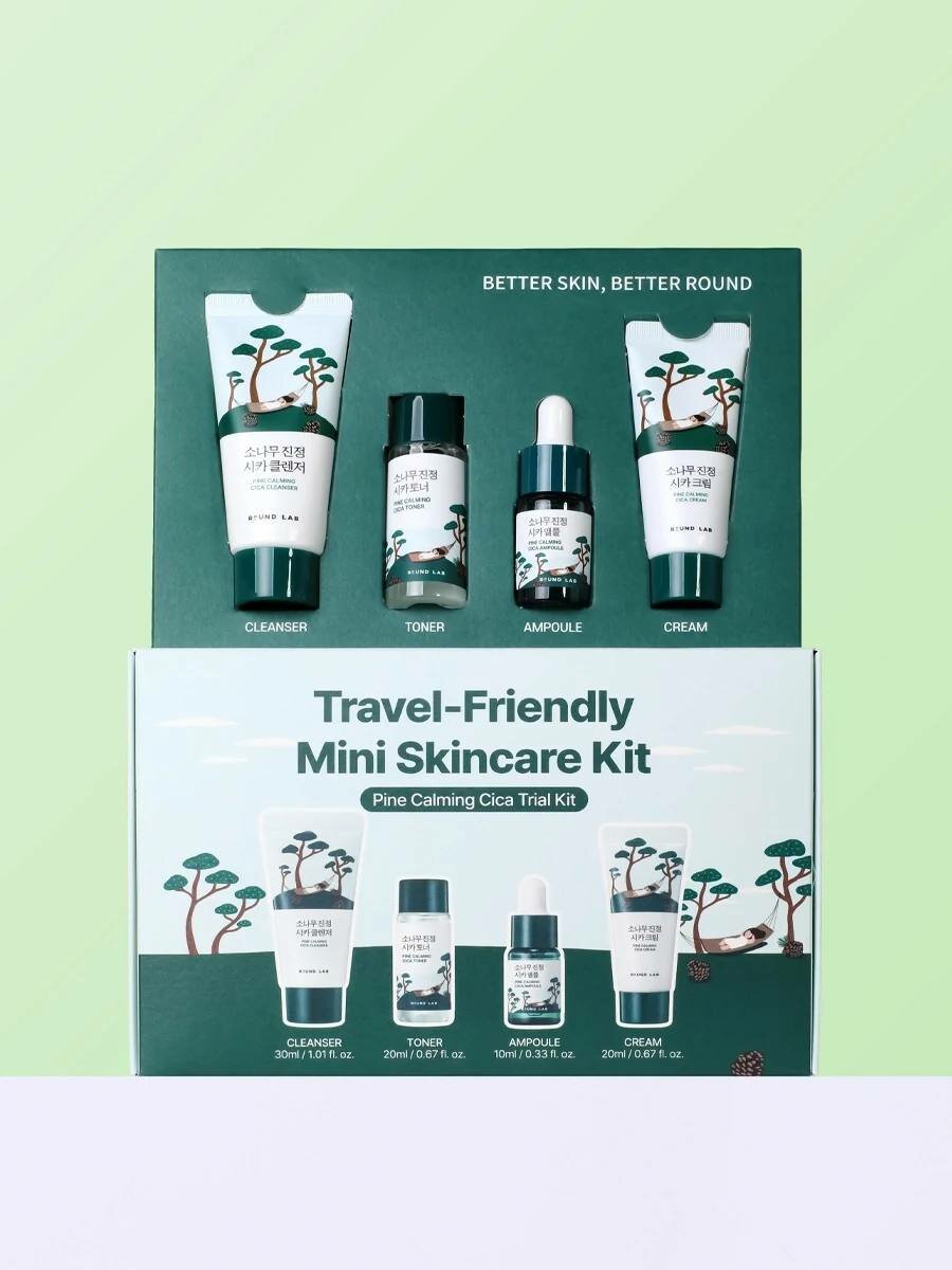 Набор ROUND LAB "Pine Calming Cica", для лица, успокаивающий, дорожный, 4 средства, 100мл