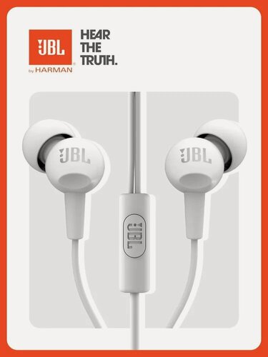 Изображение товара Наушники JBL C 100, проводные, с микрофоном, 3 пары амбушюр, 1.2 м, Pure Bass, белые