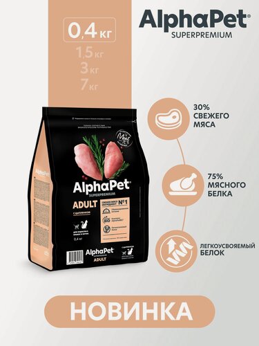 Изображение товара Сухой корм для взрослых кошек AlphaPet Superpremium с цыпленком, 0,4 кг