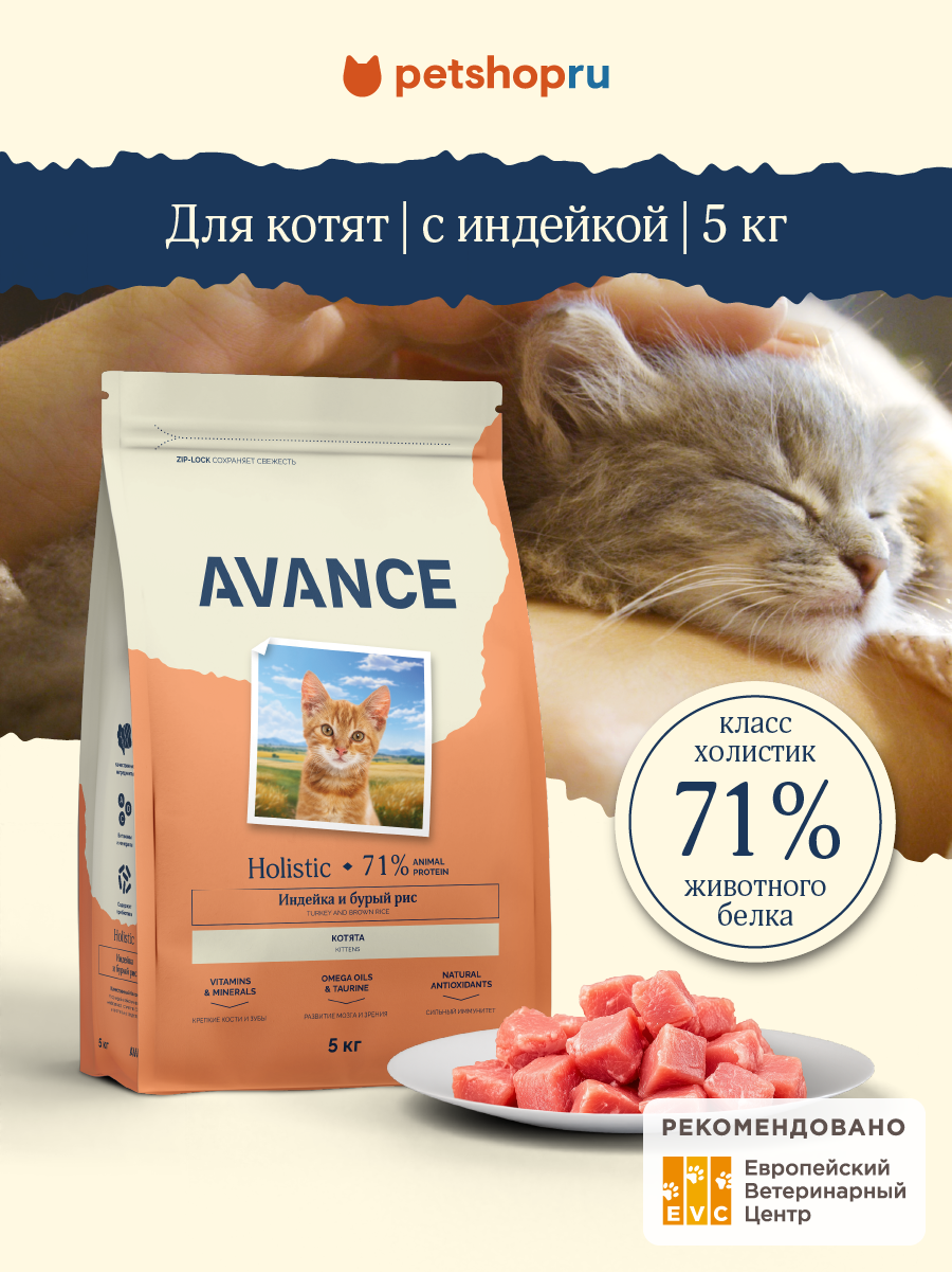 AVANCE holistic полнорационный сухой корм для котят с индейкой и бурым рисом, Kitten turkey and brown rice, 5 кг