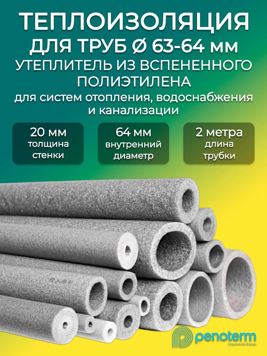 Трубная изоляция 20х64 мм длина 2м Порилекс НПЭ серая/ теплоизоляция для стальных, медных и ПНД труб водоснабжения