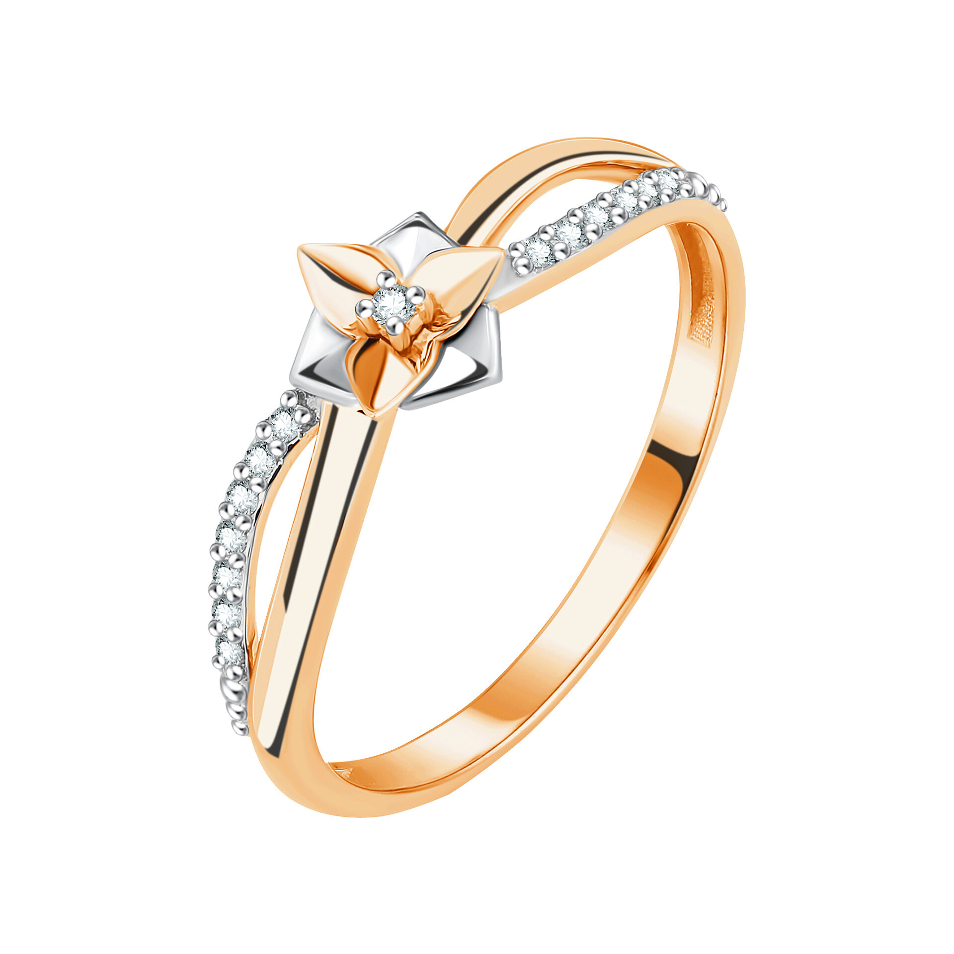 Кольцо помолвочное, тонкое, красное золото, 585 проба, родирование, фианит