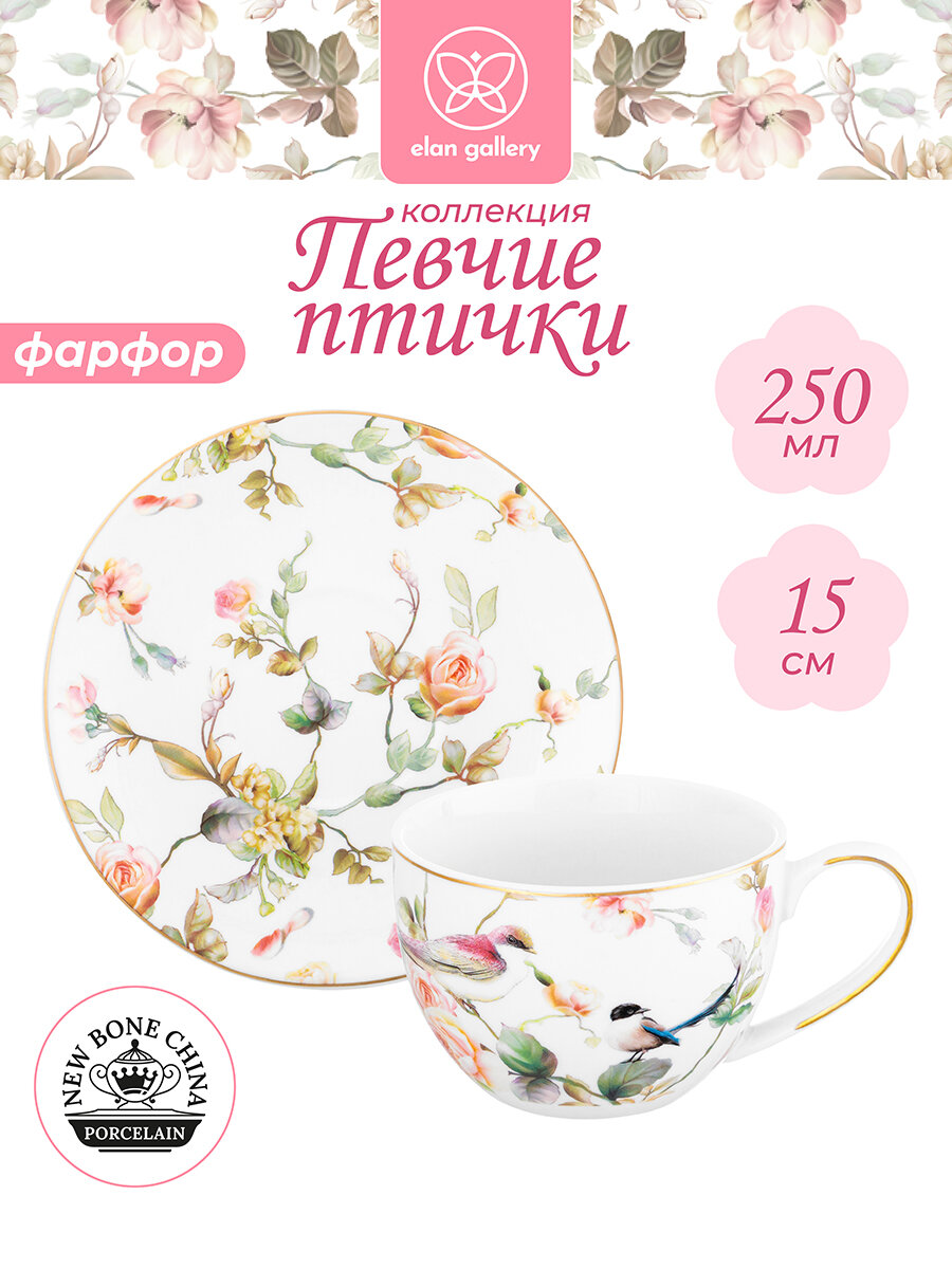 Чайная пара, чашка с блюдцем, кружка для чая, кофе 2 предмета 250 мл Elan Gallery Певчие птички