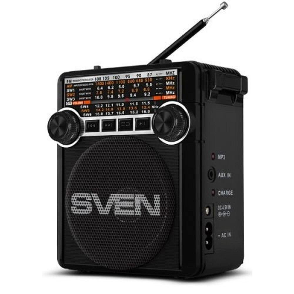 Радиоприемник SVEN SRP-355, переносной, FM/AM/SW, USB/SD/microSD, аккумуляторы, черный