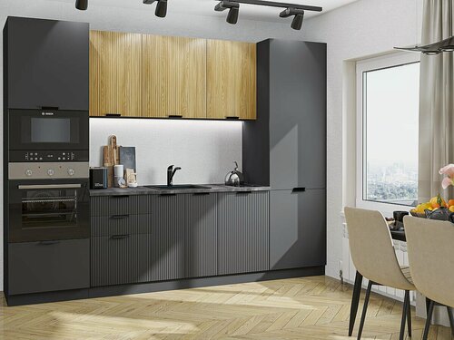 Изображение товара Кухня модульная прямая 2.8 метра Евро Лайн-01 кухонный гарнитур без столешницы 2140*2800*600 Дуб песочный-Антрацит