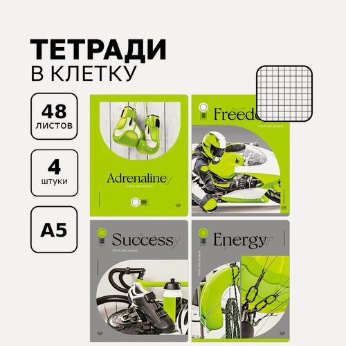 Изображение товара Тетрадь 48 листов, BG, "Моя энергия", картонная обложка, для школы, 4 штуки, зеленый/серый