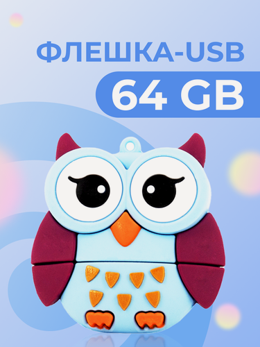 Изображение товара USB флешка 64 ГБ для компьютера, подарочная флешка для компьютера и ноутбука, USB 2.0 флеш накопитель, Сова голубая