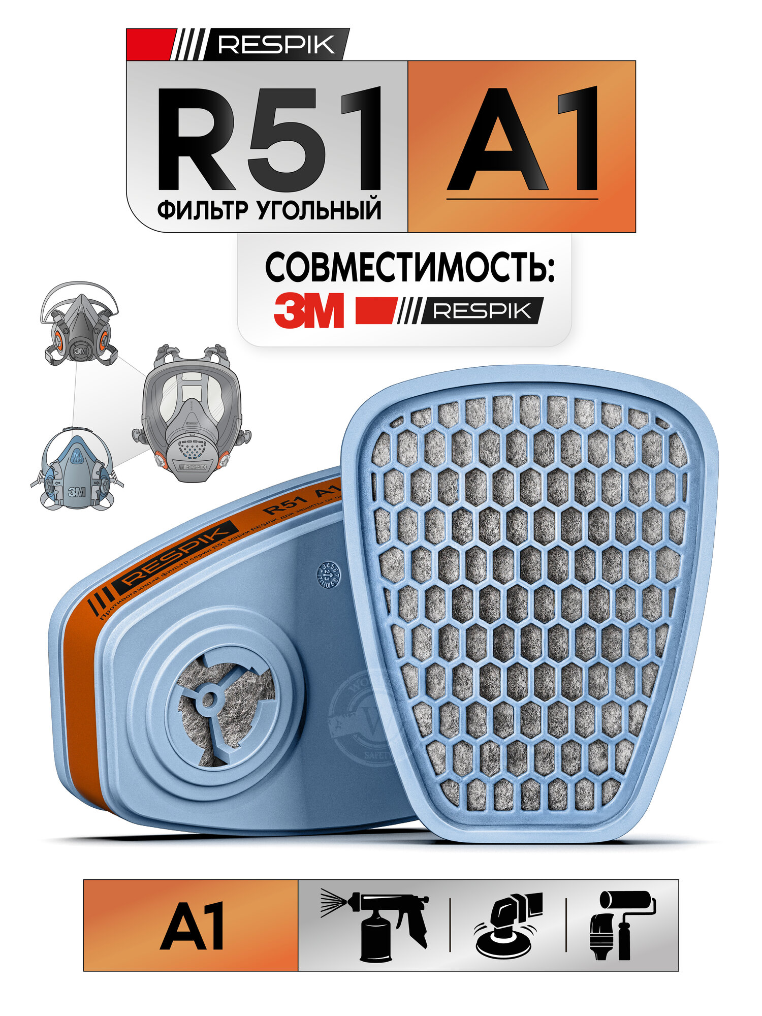 Фильтр / патрон RESPIK® R51 А1 ( Аналогичен 3М 6051 ) для масок / полумасок 3М , JETA SAFETY , руссиз , RESPIK / цвет: голубой / 1 пара ( 2 шт. )
