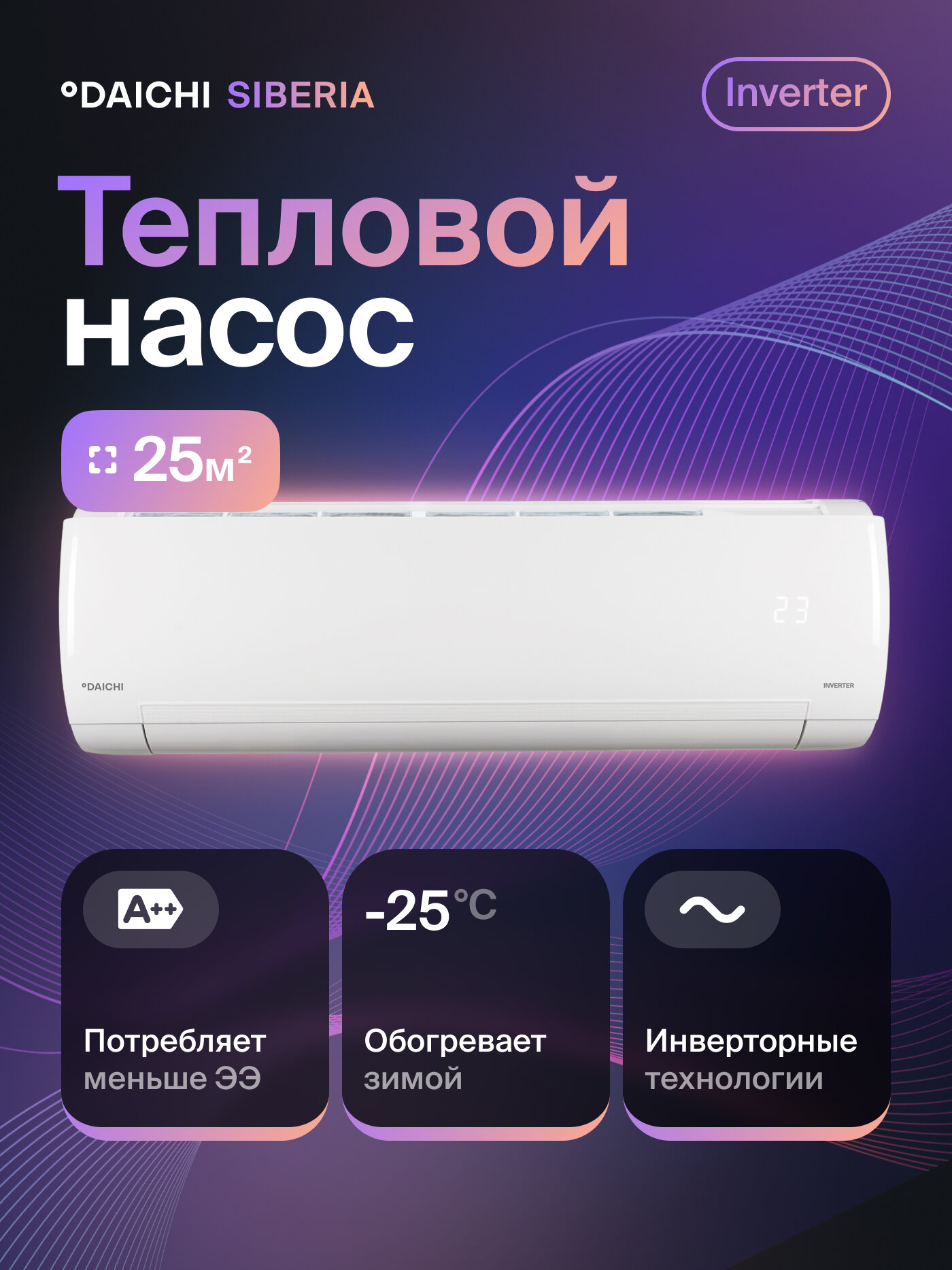 Тепловой насос инвертор Daichi SIB25AVQS1R/SIB25FVS1R для помещений до 25 кв. м.