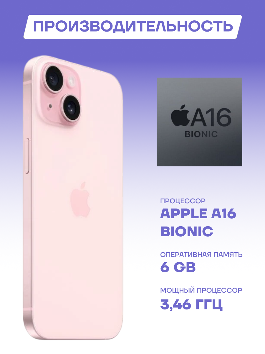 Смартфон Apple iPhone 15, 128Gb Pink / розовый, (eSIM), камера 48 МП — фото 1