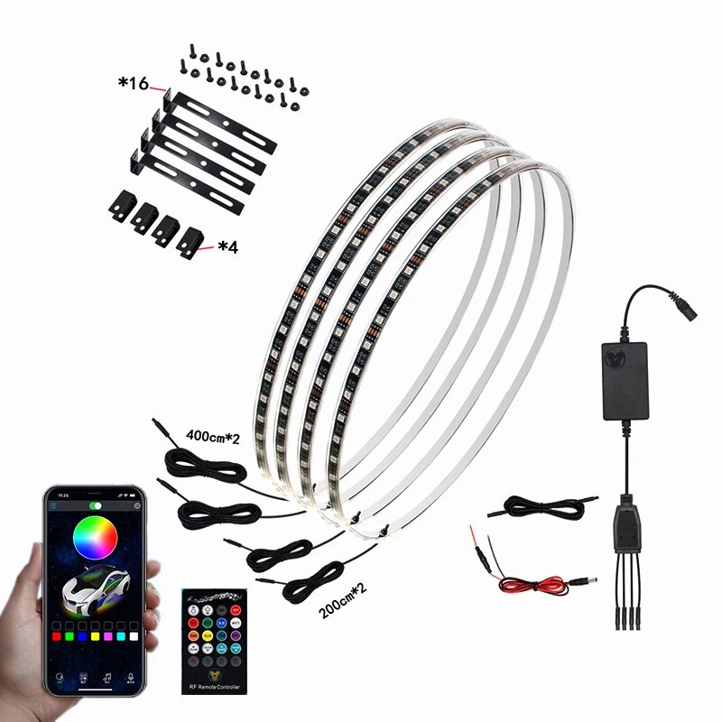 Автомобильные колеса 15,5 дюйма, 4 шт, модифицированные детали, неоновые огни, 7 цветов, электронное управление освещением, автомобильная декоративная атмосфера, детали для авто APP and remote