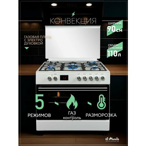 Газовая плита, 90 см, Газ-Контроль, Электрическая духовка 110 л, Конвекция, Турбо-Конфорка WOK Sabaf (Италия), il Monte FO-GE9009