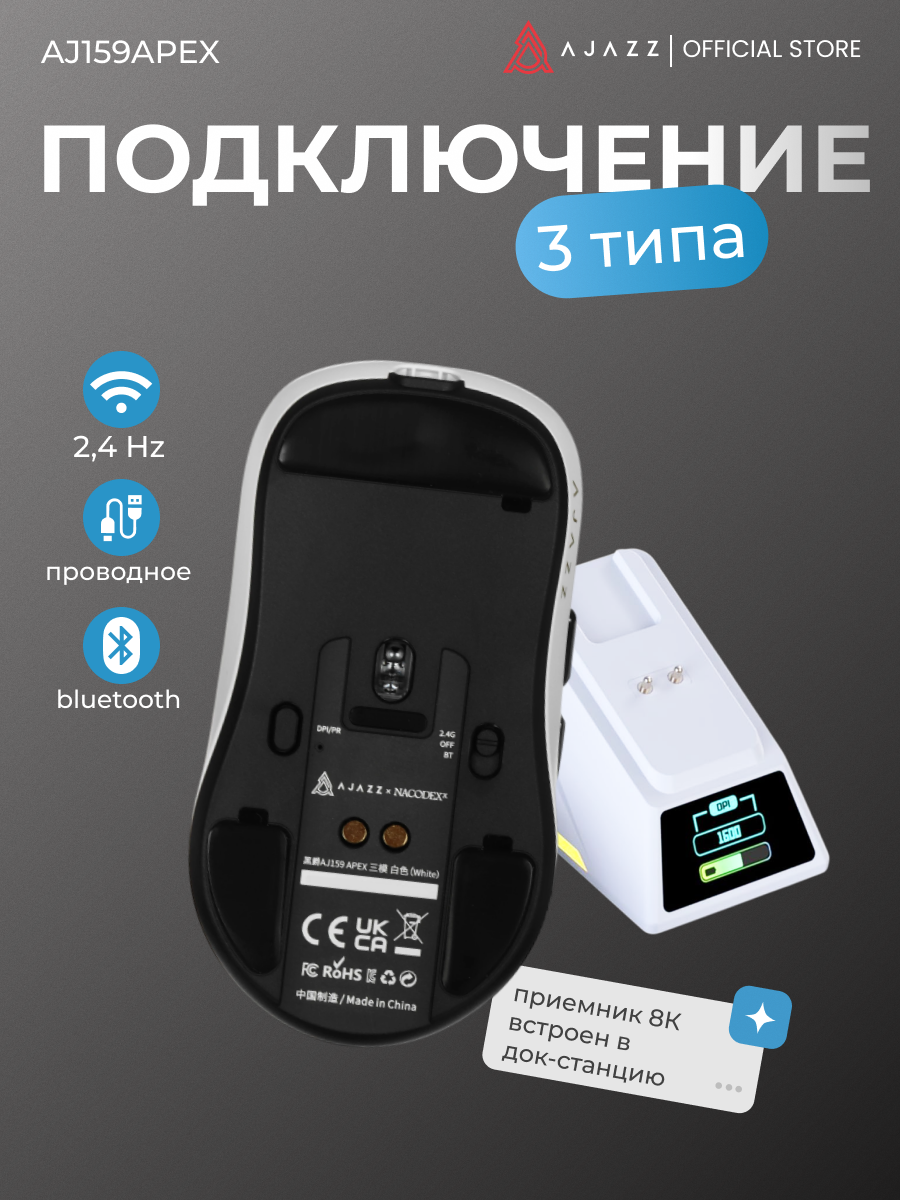 Игровая беспроводная мышь с экраном AJAZZ AJ159 APEX, белый цвет — фото 1