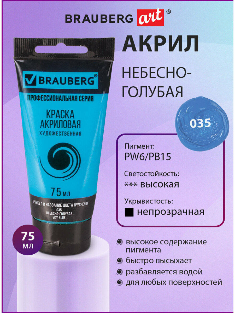 Краска акриловая художественная профессиональная для рисования и творчества туба 75 мл небесно-голубая Brauberg ART Classic 191092