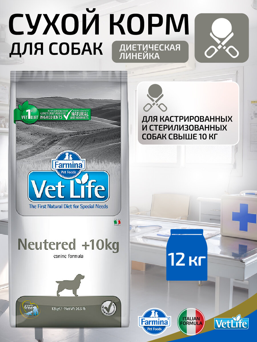 Сухой диетический корм Farmina Vet Life Neutered, для взрослых кастрированных и стерилизованных собак весом более 10 кг с курицей, 12 кг