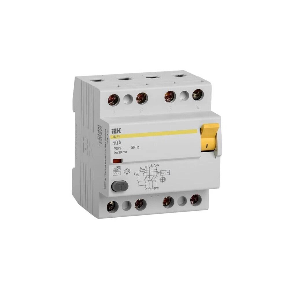 УЗО IEK ВД1-63 40А 3P+N тип AC 30 мА 45 кА (MDV10-4-040-030)