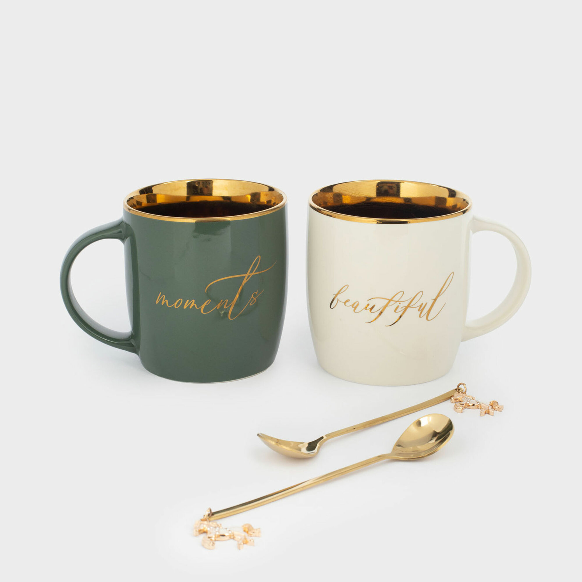 Кружка 380 мл 2 шт с ложками фарфор N/сталь молочная/зеленая Beautiful/Moments Scroll