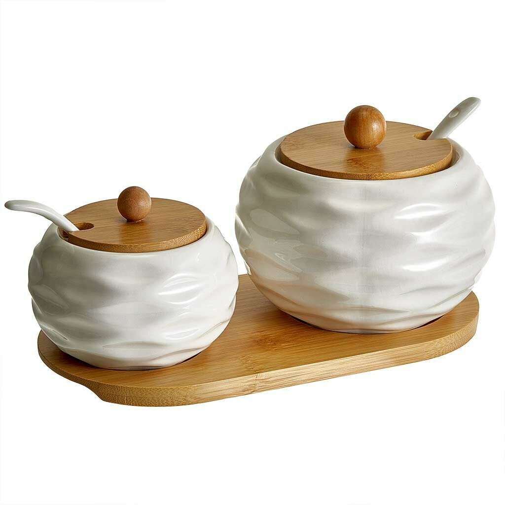 Набор фарфоровых банок с ложками на бамбуковой подставке Alpenkok AK5-0006