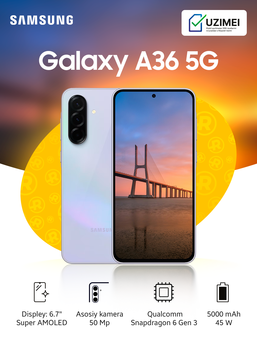 Смартфон Samsung Galaxy A36 8/256GB 5G Light Violet (Фиолетовый)