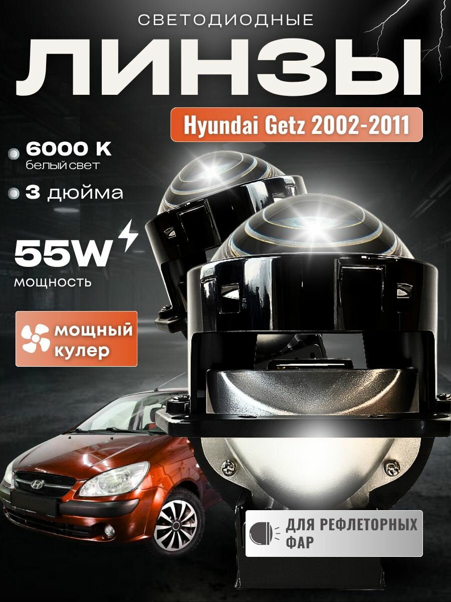 Би лед линзы 3 дюйма для Hyundai Getz 2002-2011 г. в. (на гайку), bi led линзы 3.0 в фары Хендай Гетц