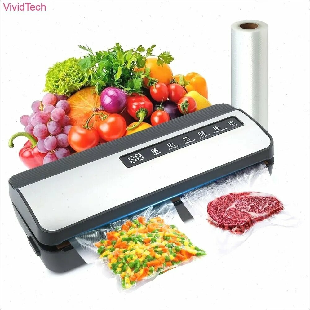 Вакуумный упаковщик 80 кПа с резаком для сухих и влажных продуктов, 130 Вт, с рулоном, черно-серый