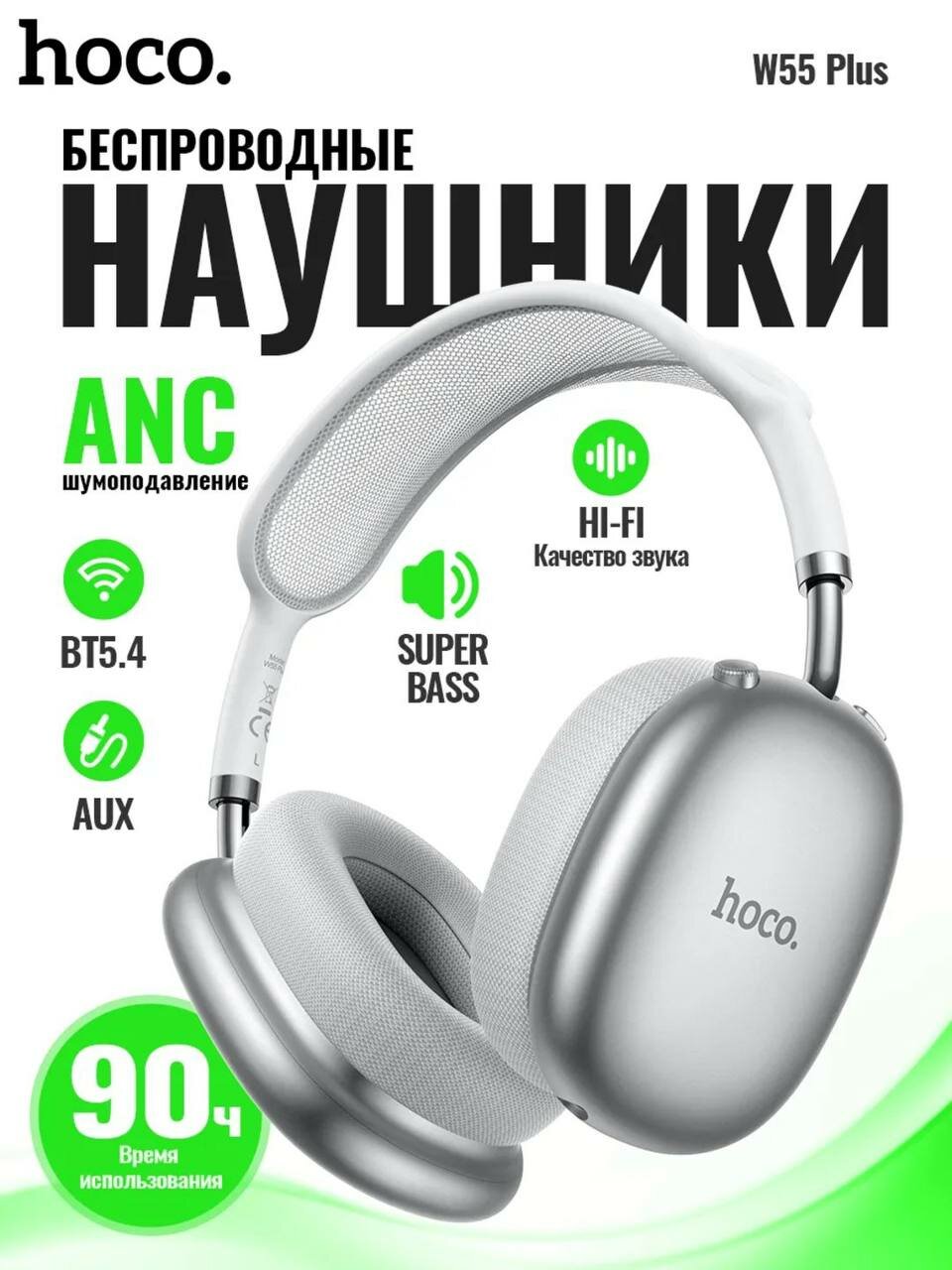 Беспроводные наушники Hoco W55 Plus ANC, Bluetooth 5.4, активное шумоподавление, до 90 часов работы